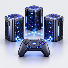 Connected servers and a game controller illustration representing Flux