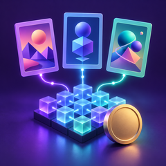 Digital collectible cards and blockchain illustration representing Metaplex